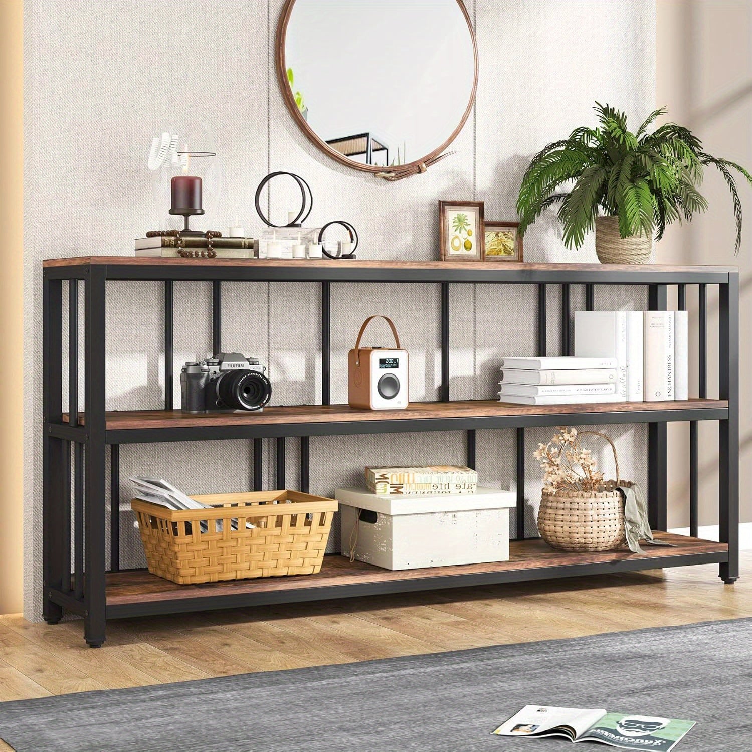 3 Tiers Sofa Table, Narrow Long Sofa Table with Storage Shelves, 180 cm Industrial Console Table, Big Rustic Entryway Table, Large Hallway Table, Behind Couch Table with Storage