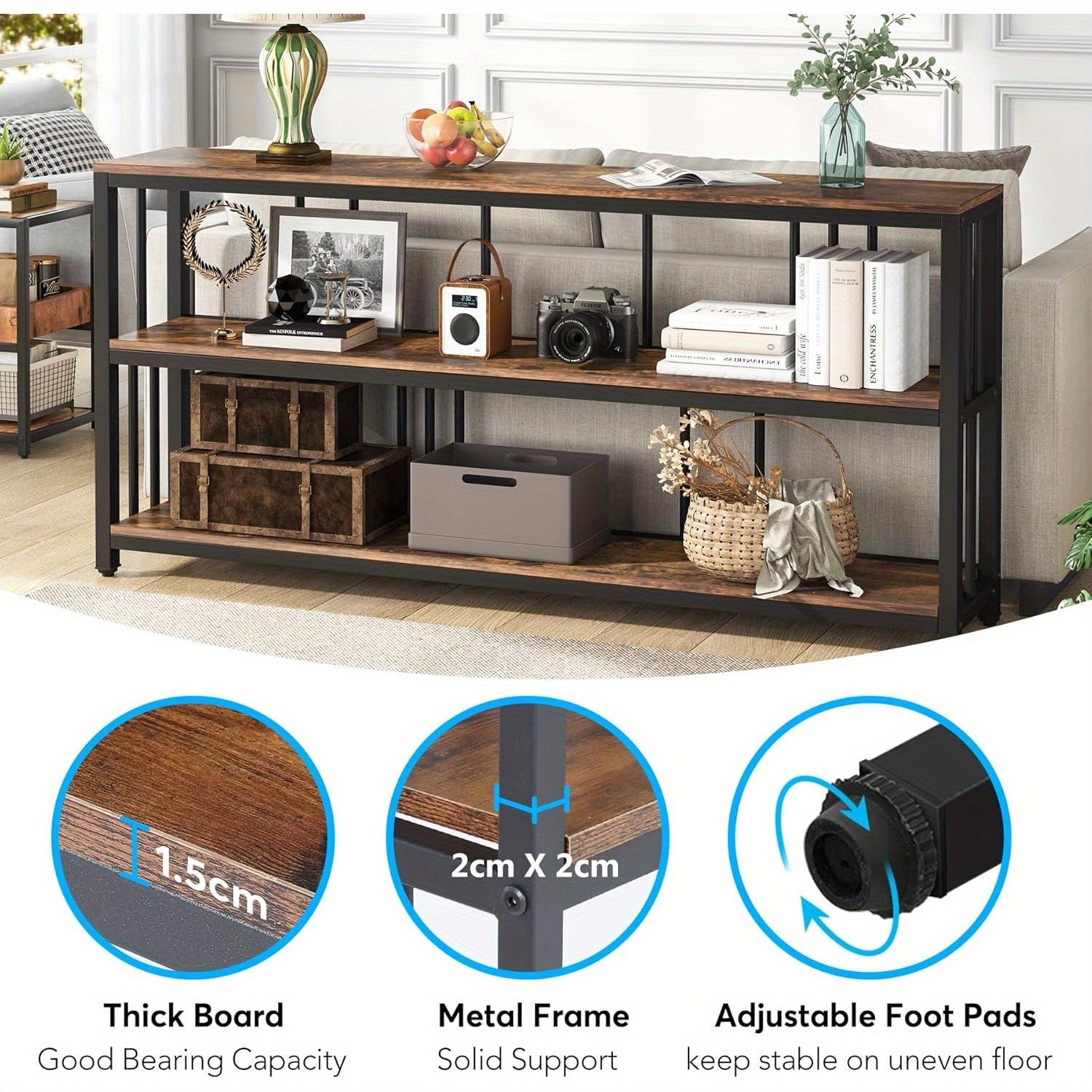 3 Tiers Sofa Table, Narrow Long Sofa Table with Storage Shelves, 180 cm Industrial Console Table, Big Rustic Entryway Table, Large Hallway Table, Behind Couch Table with Storage