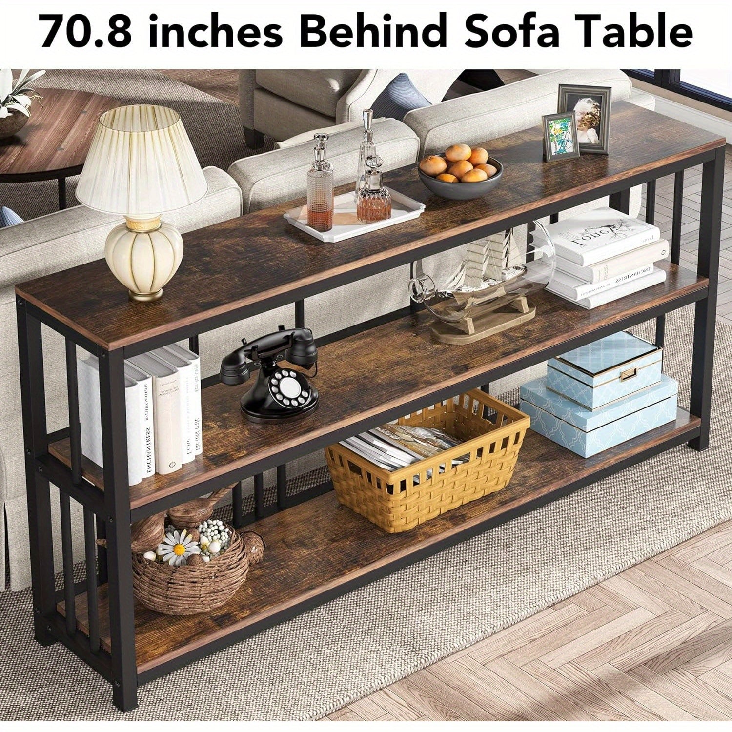 3 Tiers Sofa Table, Narrow Long Sofa Table with Storage Shelves, 180 cm Industrial Console Table, Big Rustic Entryway Table, Large Hallway Table, Behind Couch Table with Storage