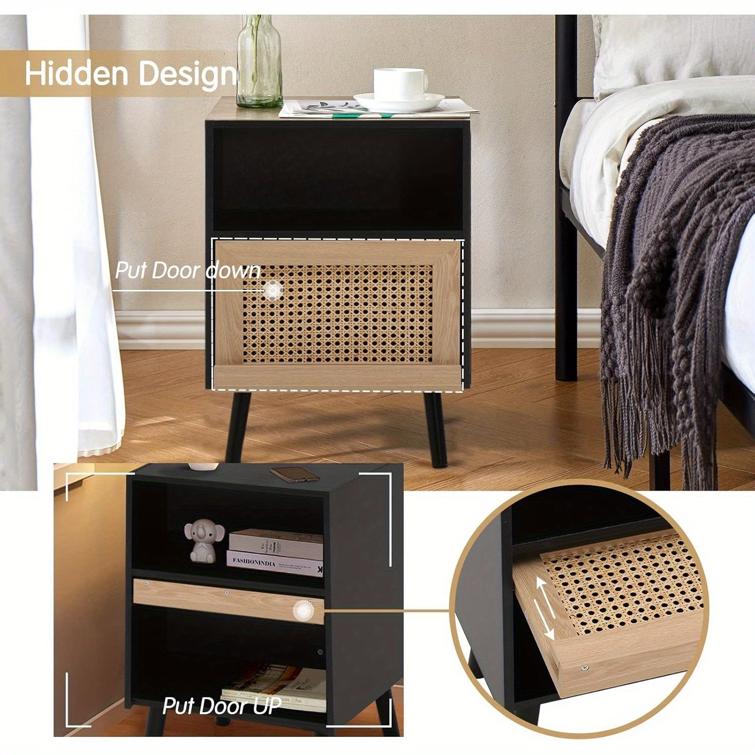 Rattan Nightstand Set of 2, Wooden End Side Table, Bedside Table with Open Storage Shelve and Door, Night Stands for Bedroom Living Room 2-Pack