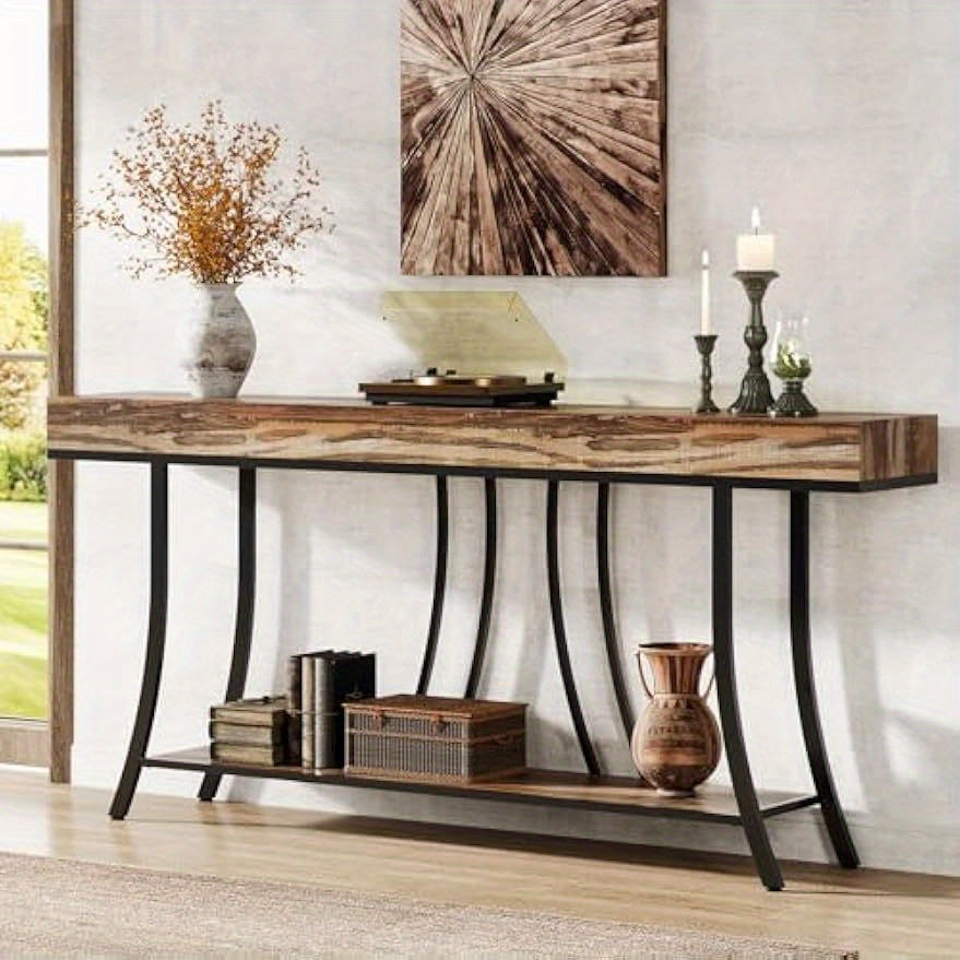 180 cm Narrow Long Console Table, 2-Tier Industrial Sofa Table with Storage Shelves, Behind Couch Table, Entryway Table for Living Room, Kitchen, Hallway, Rustic Brown