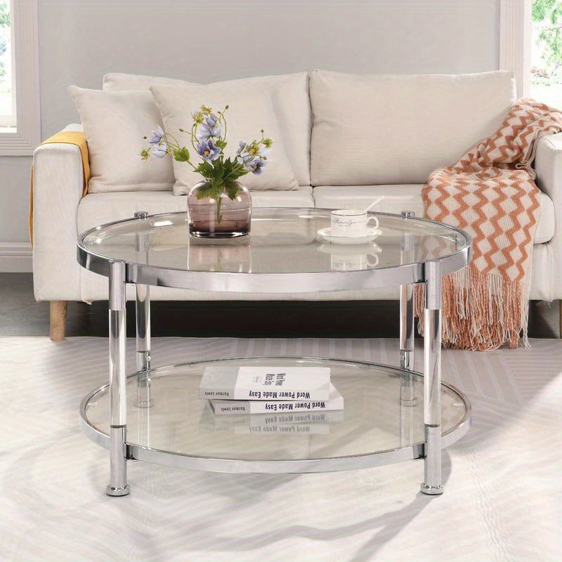 Contemporary Acrylic Coffee Table, Round Tempered Glass Coffee Table, Chrome/ Silver Coffee Table for Living Room