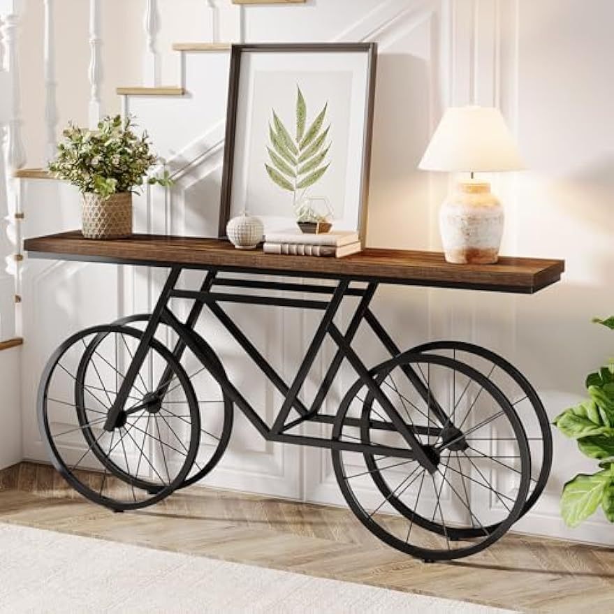 180 cm Extra Long Console Table, Narrow Sofa Table with Bicycle Metal Base, Modern Industrial Entryway Table Behind Couch for Living Room, Hallway, Entrance, Foyer, Rustic Brown