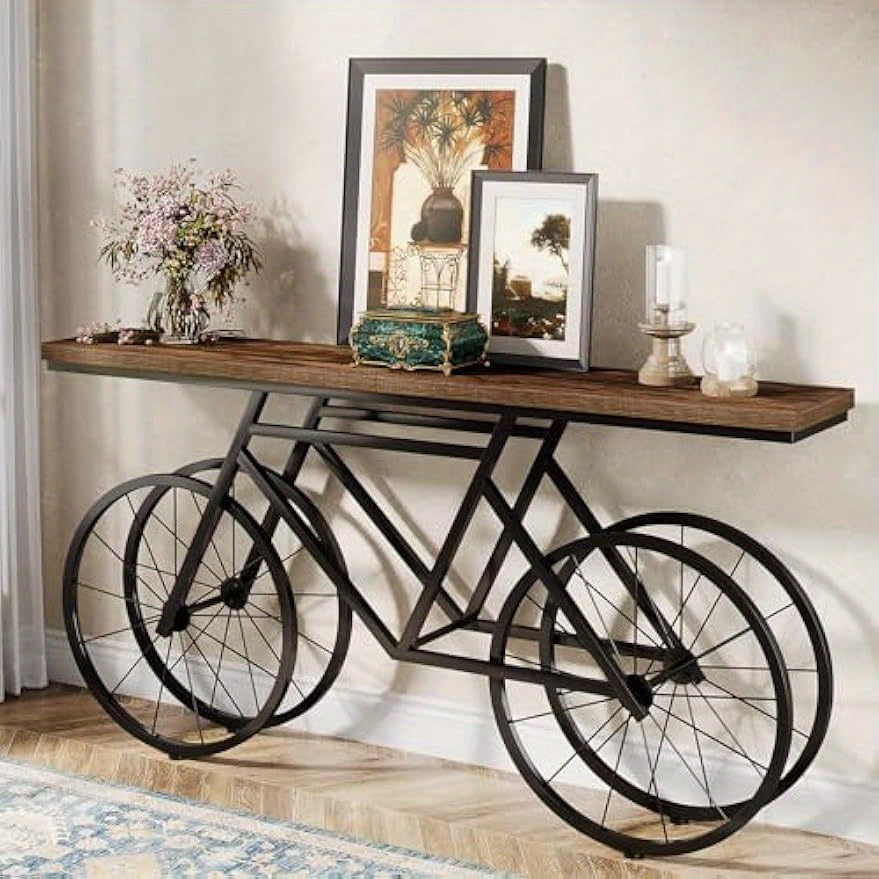 180 cm Extra Long Console Table, Narrow Sofa Table with Bicycle Metal Base, Modern Industrial Entryway Table Behind Couch for Living Room, Hallway, Entrance, Foyer, Rustic Brown