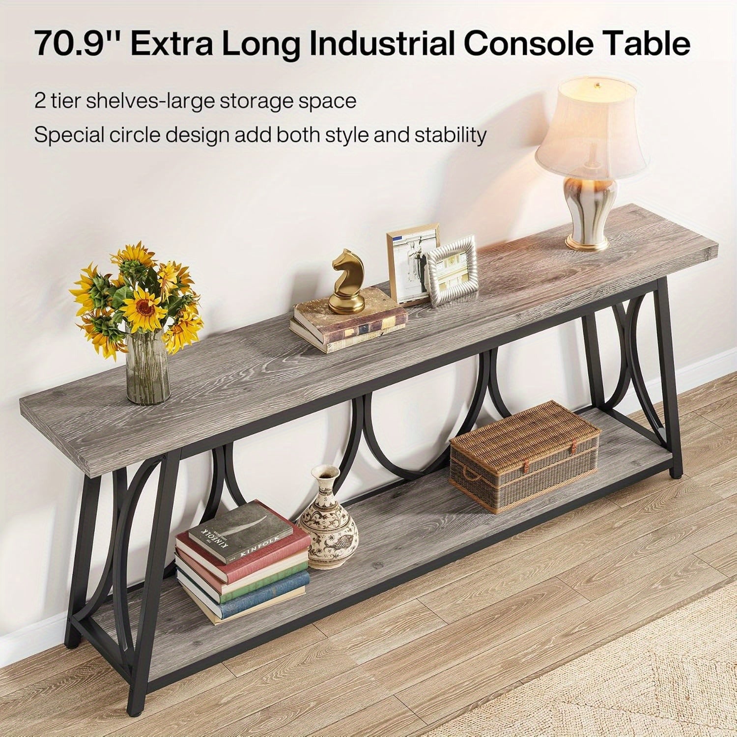 180 cm Modern Sofa Table Behind Couch with Storage Shelf, Extra Long Console Table, Narrow Entryway Hallway Accent Table for Living Room, Grey