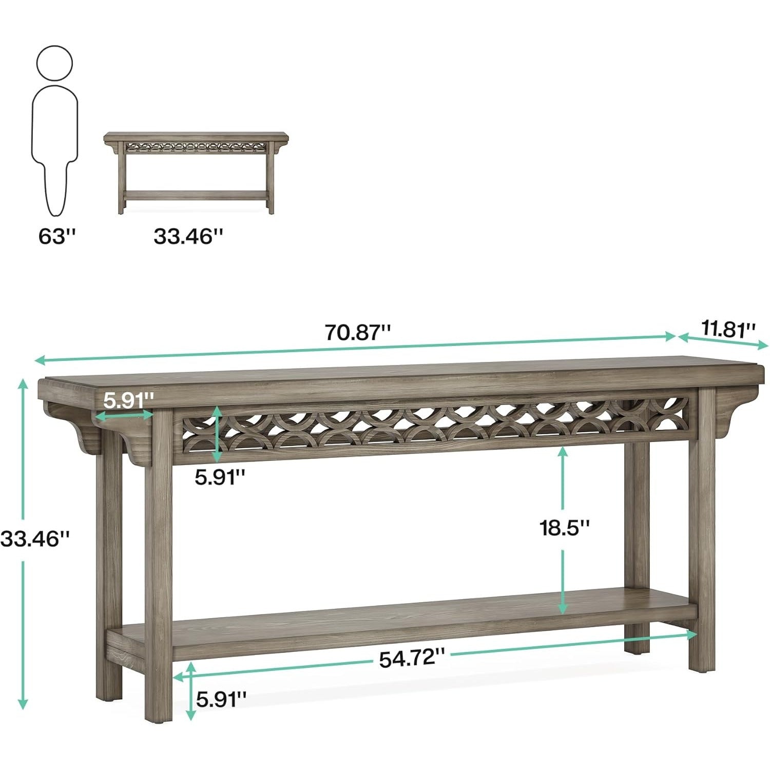 180 cm Solid Wood Long Console Table, Farmhouse Entryway Table with Storage, Narrow Sofa Table Grey Couch Table for Living Room Entryway Hallway (Gray)