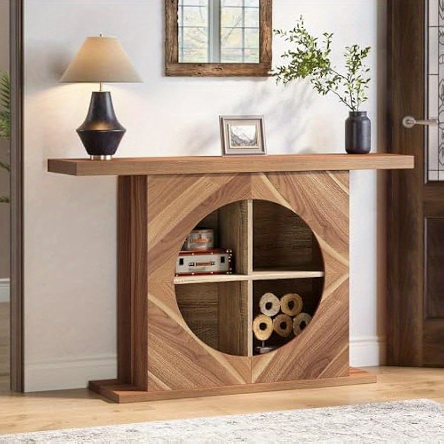 120 cm Console Table, Rustic Wood Entryway Table with 4-Cube Storage, Narrow Sofa Table Behind Couch, Foyer Table for Entryway, Living Room, Hallway, Unique Design