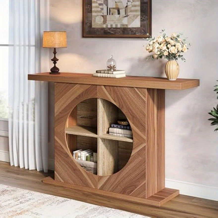 120 cm Console Table, Rustic Wood Entryway Table with 4-Cube Storage, Narrow Sofa Table Behind Couch, Foyer Table for Entryway, Living Room, Hallway, Unique Design