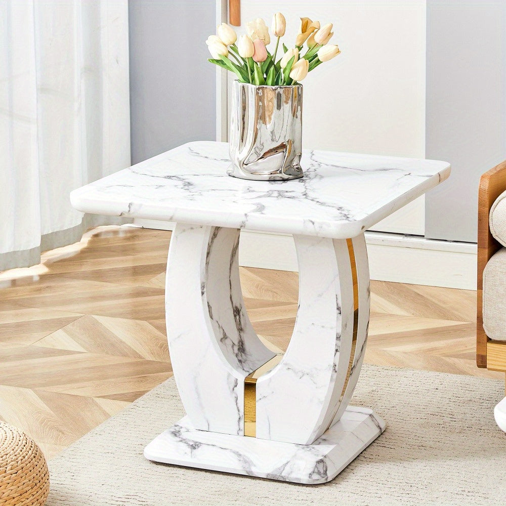 Modern Minimalist White Marble-Patterned MDF Square Coffee Table. Add a quiet and cozy atmosphere to your home.White, MDF coffee table, Density Board Sticker, Side table.