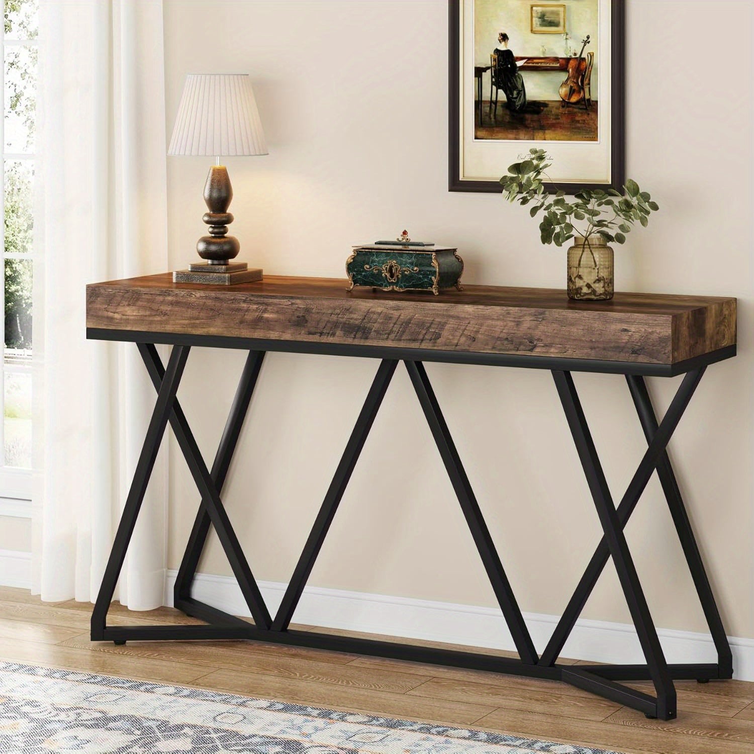 140 cm Console Table, Farmhouse Sofa Table Wood Entryway Table with Unique Metal Base, Behind The Couch Table Foyer Table, Industrial Accent Table for Hallway, Living Room