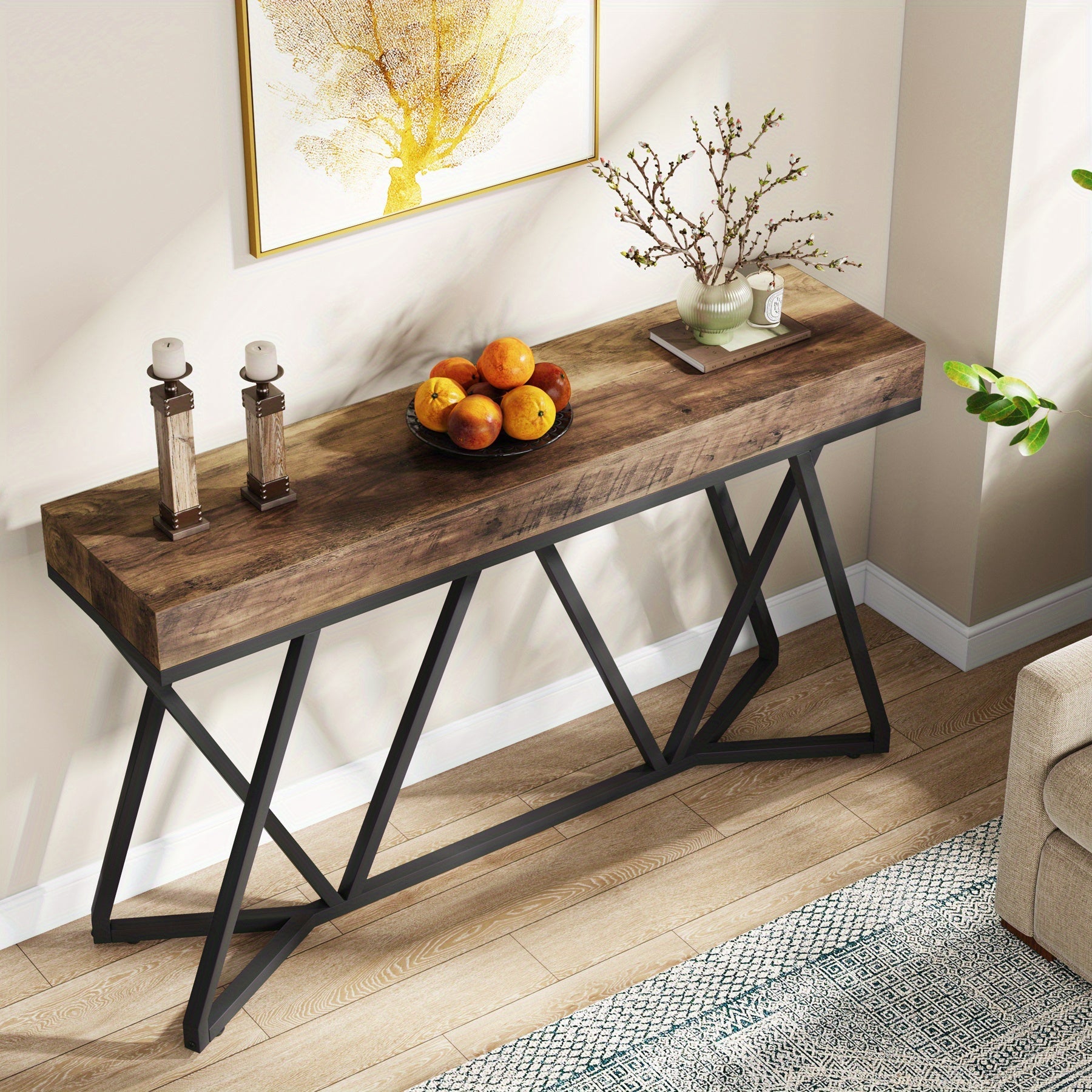 140 cm Console Table, Farmhouse Sofa Table Wood Entryway Table with Unique Metal Base, Behind The Couch Table Foyer Table, Industrial Accent Table for Hallway, Living Room