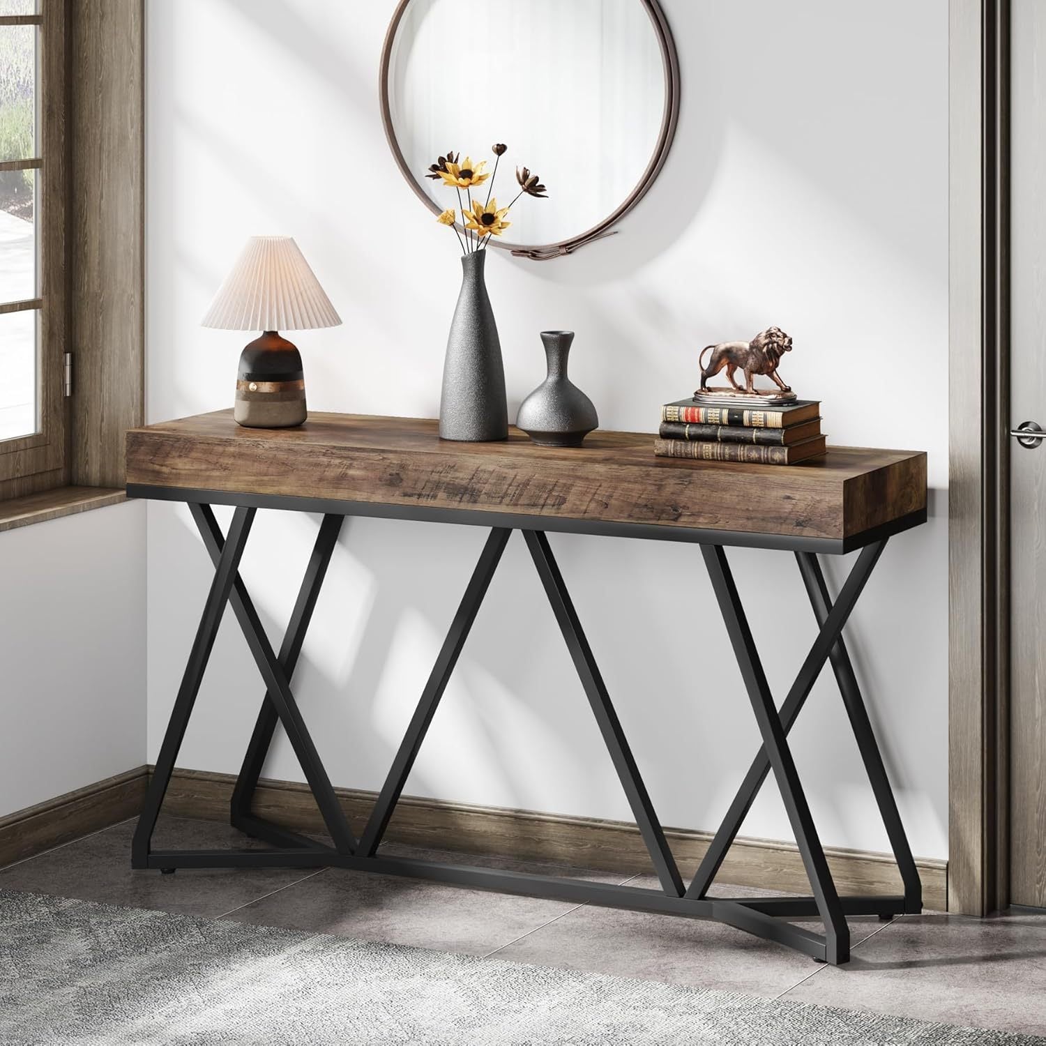 140 cm Console Table, Farmhouse Sofa Table Wood Entryway Table with Unique Metal Base, Behind The Couch Table Foyer Table, Industrial Accent Table for Hallway, Living Room