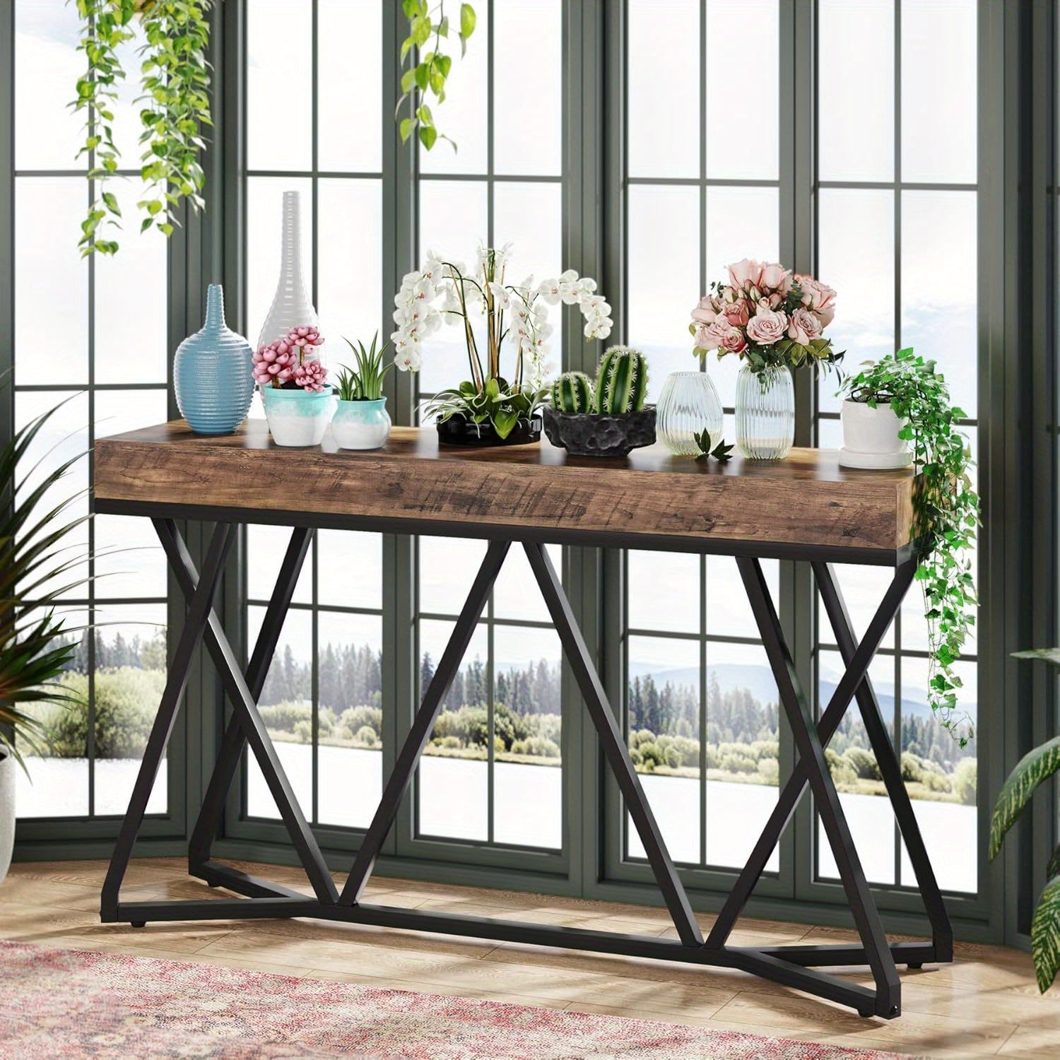 140 cm Console Table, Farmhouse Sofa Table Wood Entryway Table with Unique Metal Base, Behind The Couch Table Foyer Table, Industrial Accent Table for Hallway, Living Room