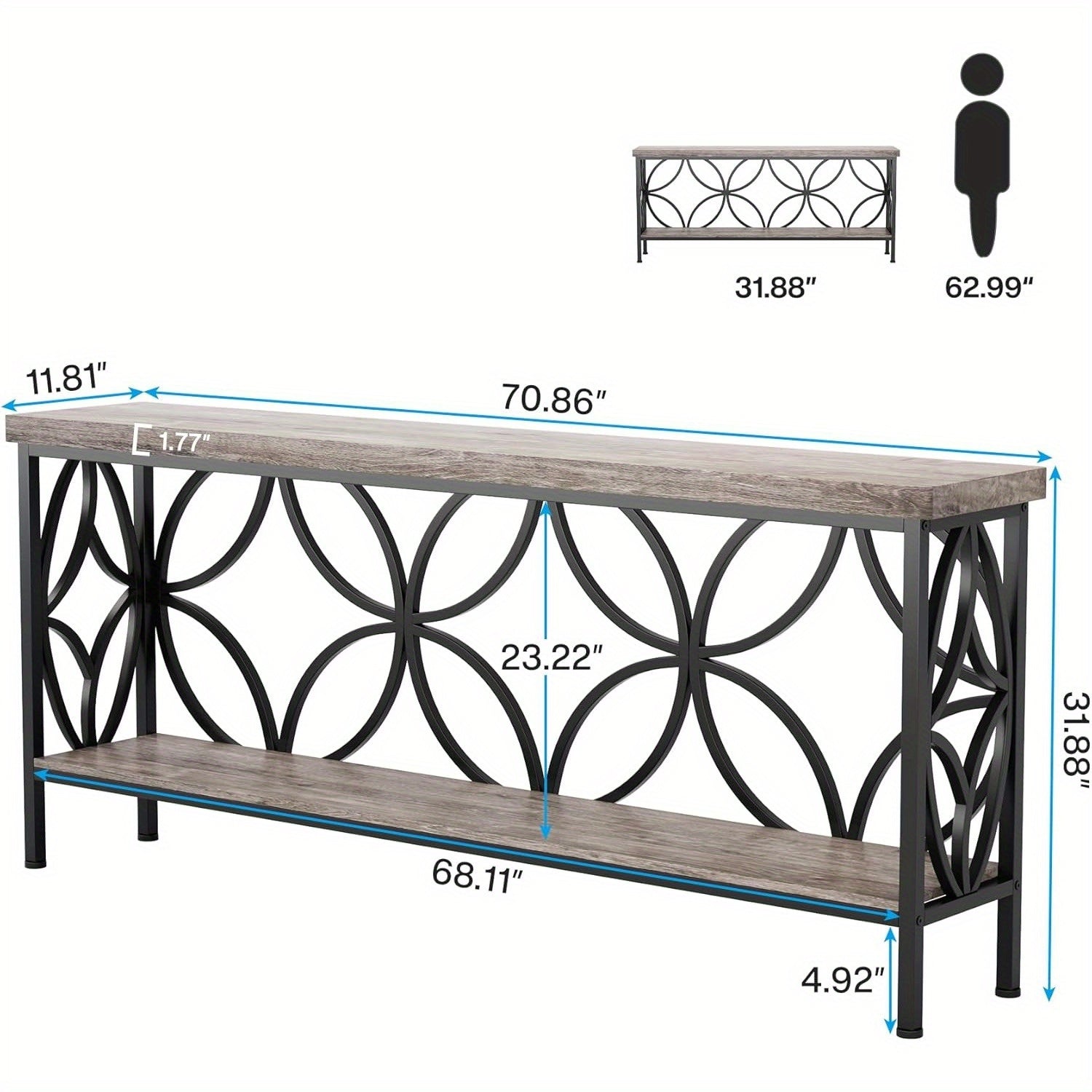 180 cm Narrow Sofa Table, Industrial Long Sofa Table Behind Couch, Entry Console Table with Storage for Entryway, Office, Foyer, Unique Design