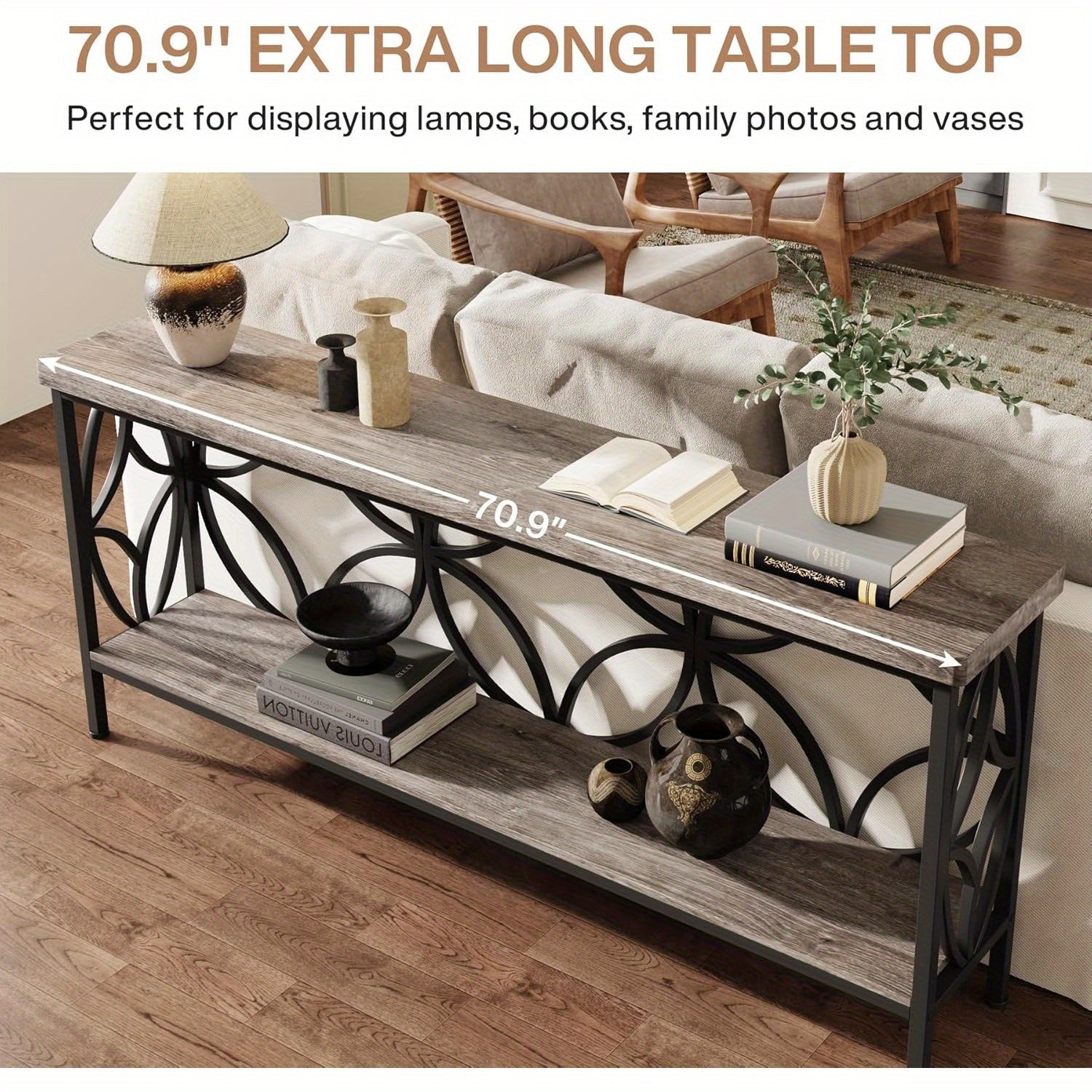 180 cm Narrow Sofa Table, Industrial Long Sofa Table Behind Couch, Entry Console Table with Storage for Entryway, Office, Foyer, Unique Design