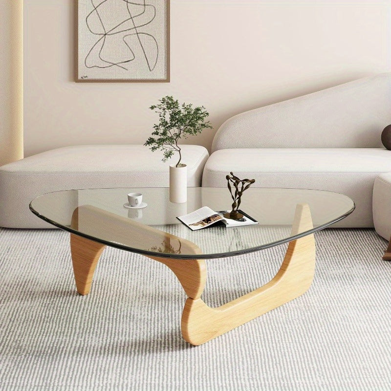 Mid-Century Modern Coffee Table - Triangle Glass Top Natural Wood Base Triangle Coffee Table For Living Room Patio Office Abstract End Tables (32.3 * 22.4 * 16in)