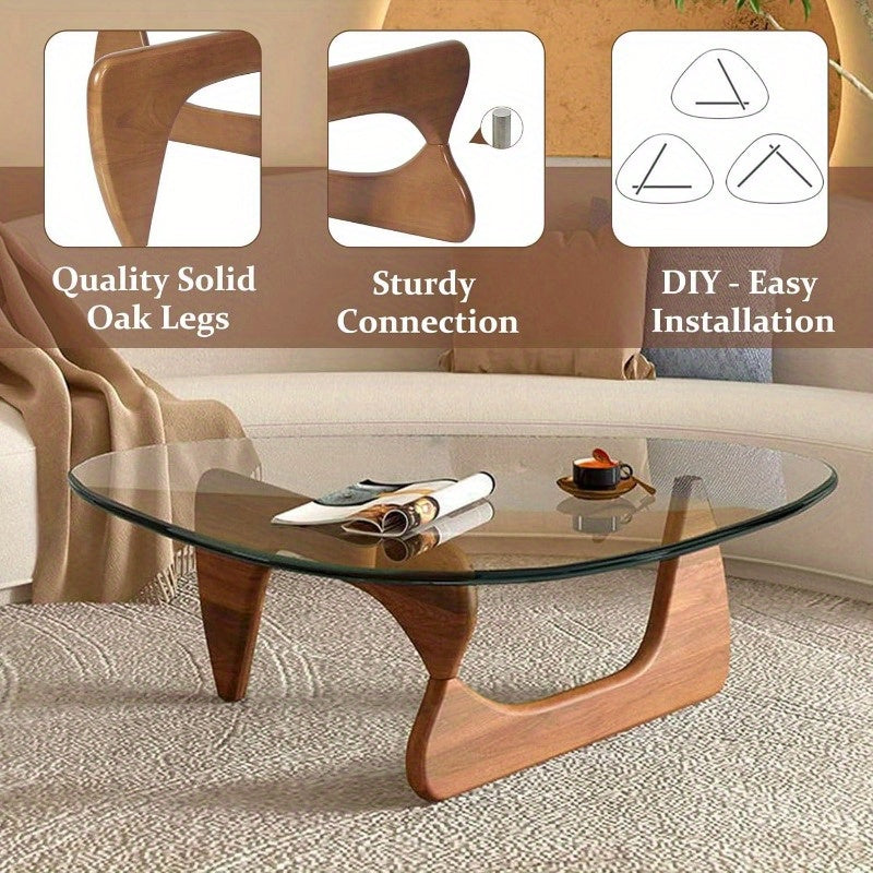 Mid-Century Modern Coffee Table - Triangle Glass Top Natural Wood Base Triangle Coffee Table For Living Room Patio Office Abstract End Tables (32.3 * 22.4 * 16in)