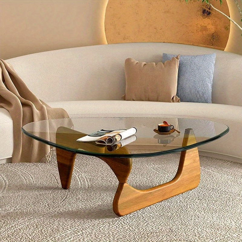 Mid-Century Modern Coffee Table - Triangle Glass Top Natural Wood Base Triangle Coffee Table For Living Room Patio Office Abstract End Tables (32.3 * 22.4 * 16in)