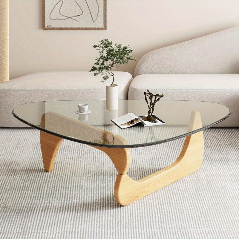 Mid-Century Modern Coffee Table - Triangle Glass Top Natural Wood Base Triangle Coffee Table For Living Room Patio Office Abstract End Tables (32.3 * 22.4 * 16in)