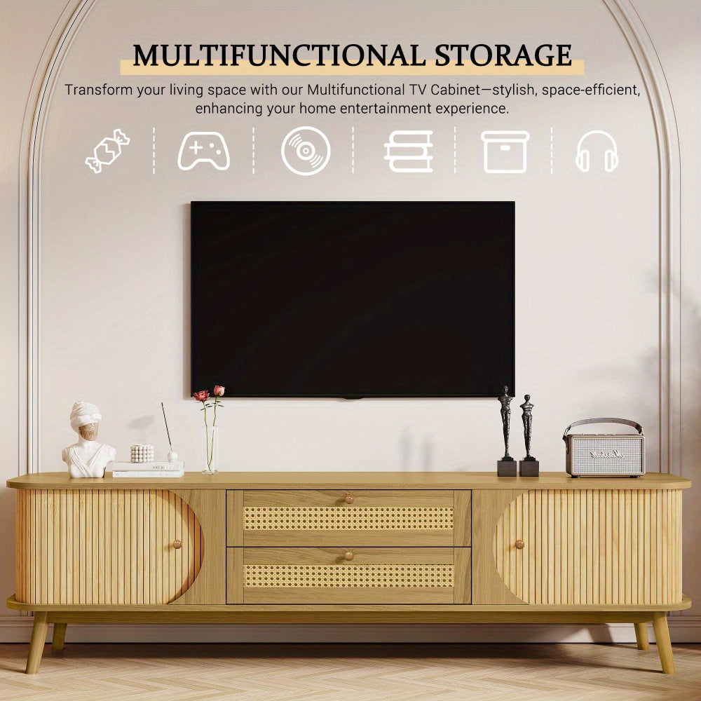 Rattan TV Stand for TVs up to 75'', Modern Farmhouse Media Console, Entertainment Center with Solid Wood Legs, TV Cabinet for Living Room, Home Theatre