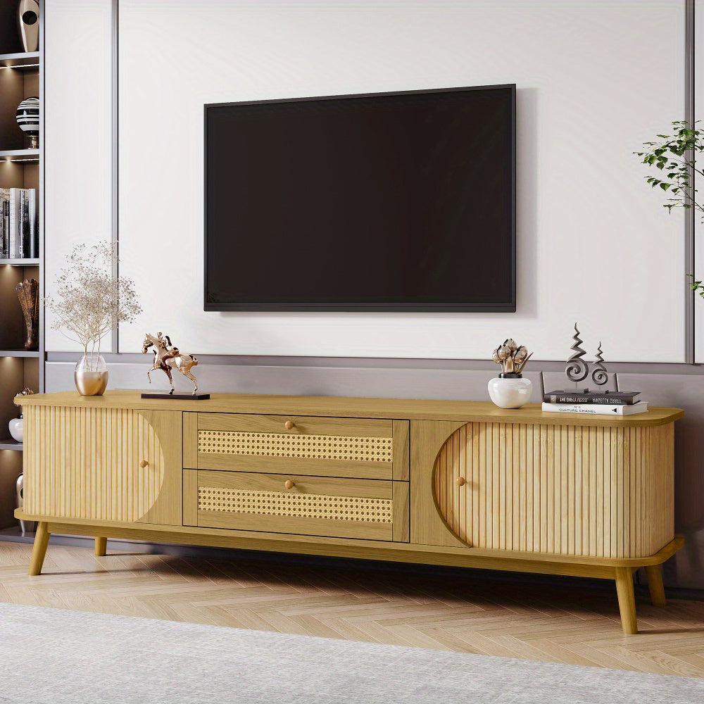 Rattan TV Stand for TVs up to 75'', Modern Farmhouse Media Console, Entertainment Center with Solid Wood Legs, TV Cabinet for Living Room, Home Theatre