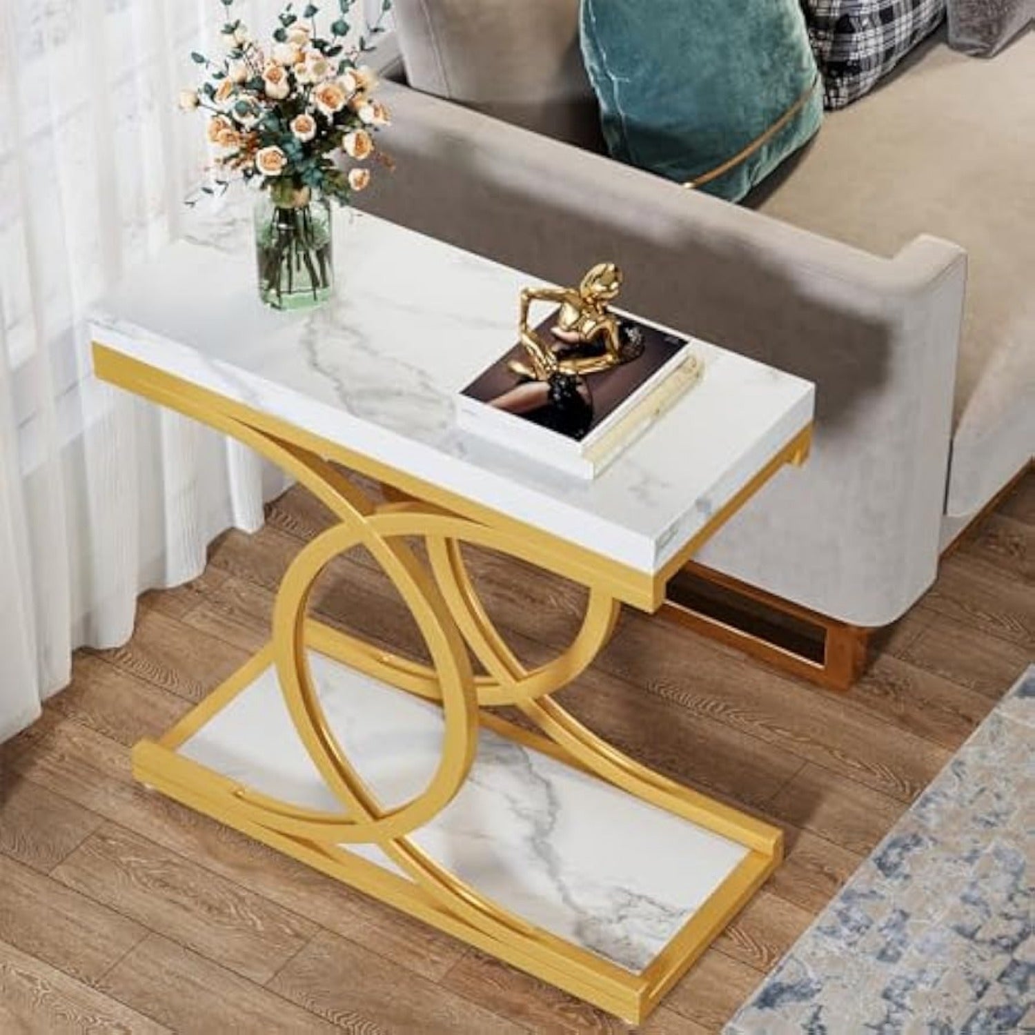 Modern End Table, Faux Marble Bedside Table, Rectangle Side Table Narrow Sofa End Table, Skinny Accent Table for Bedroom, Living Room, Small Space