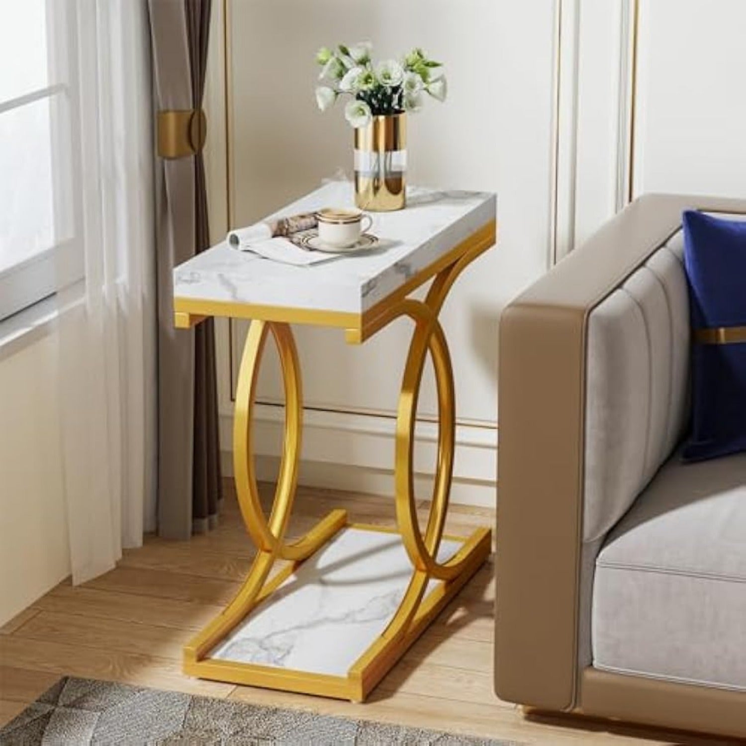 Modern End Table, Faux Marble Bedside Table, Rectangle Side Table Narrow Sofa End Table, Skinny Accent Table for Bedroom, Living Room, Small Space