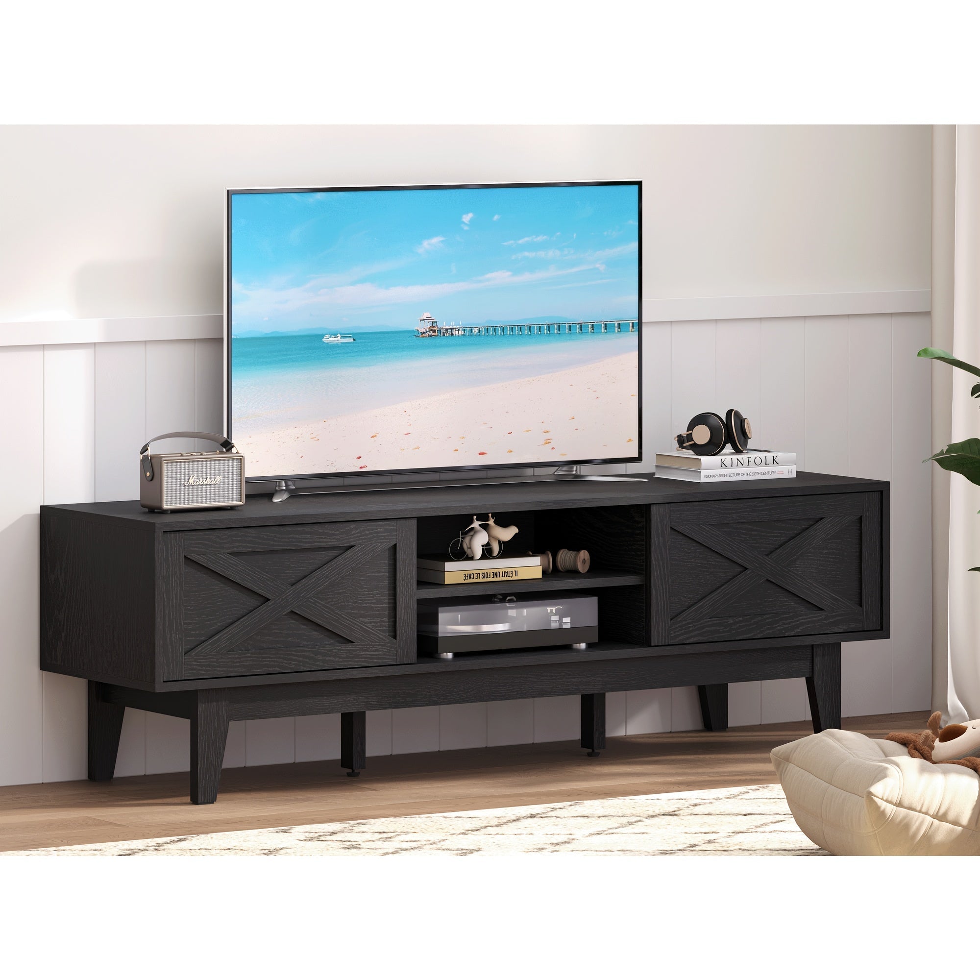 Rattan TV Stand 102-165cm for Living Room, Boho Entertainment Center with 2 Storage Cabinets Television Stands for Bedroom with Sliding Doors Rattan TV Console with Storage