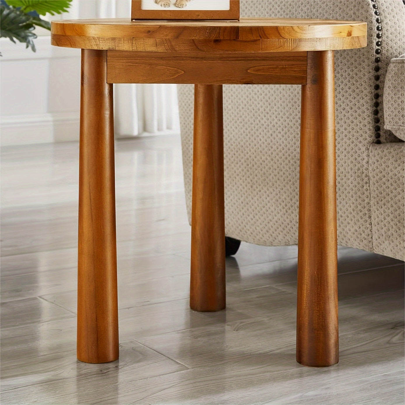 Round Wood Coffee Table with Wood Leg, Wooden Farmhouse Boho Coffee Table for Living Room, Center Rustic Mid Century Coffee Table, Easy Assembly