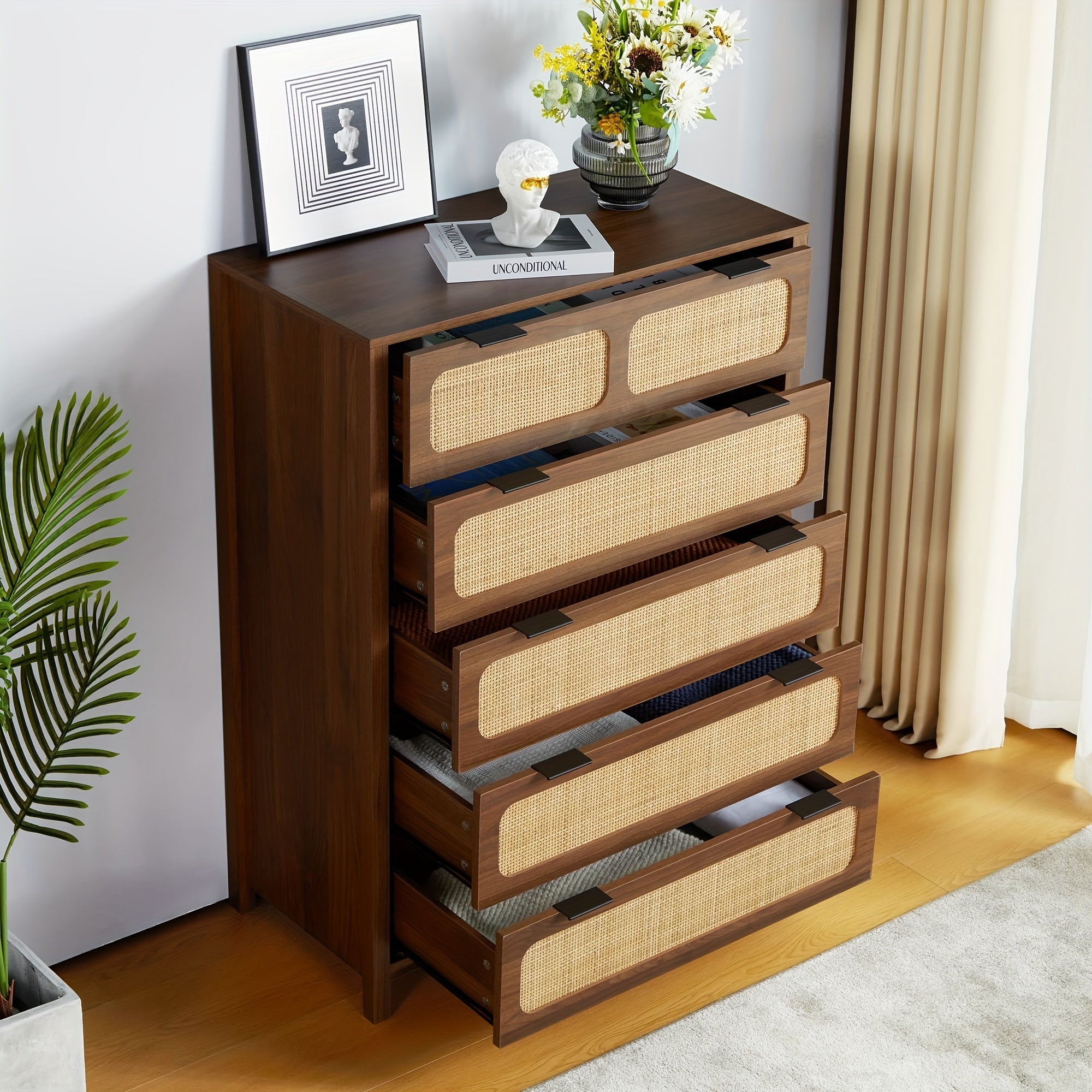 5 Drawer Dresser For Bedroom, Wide Chest Of Drawers With Storage, Rattan Nightstand Cabinet Dresser For Bedroom Hallway Living Room Entryway Office