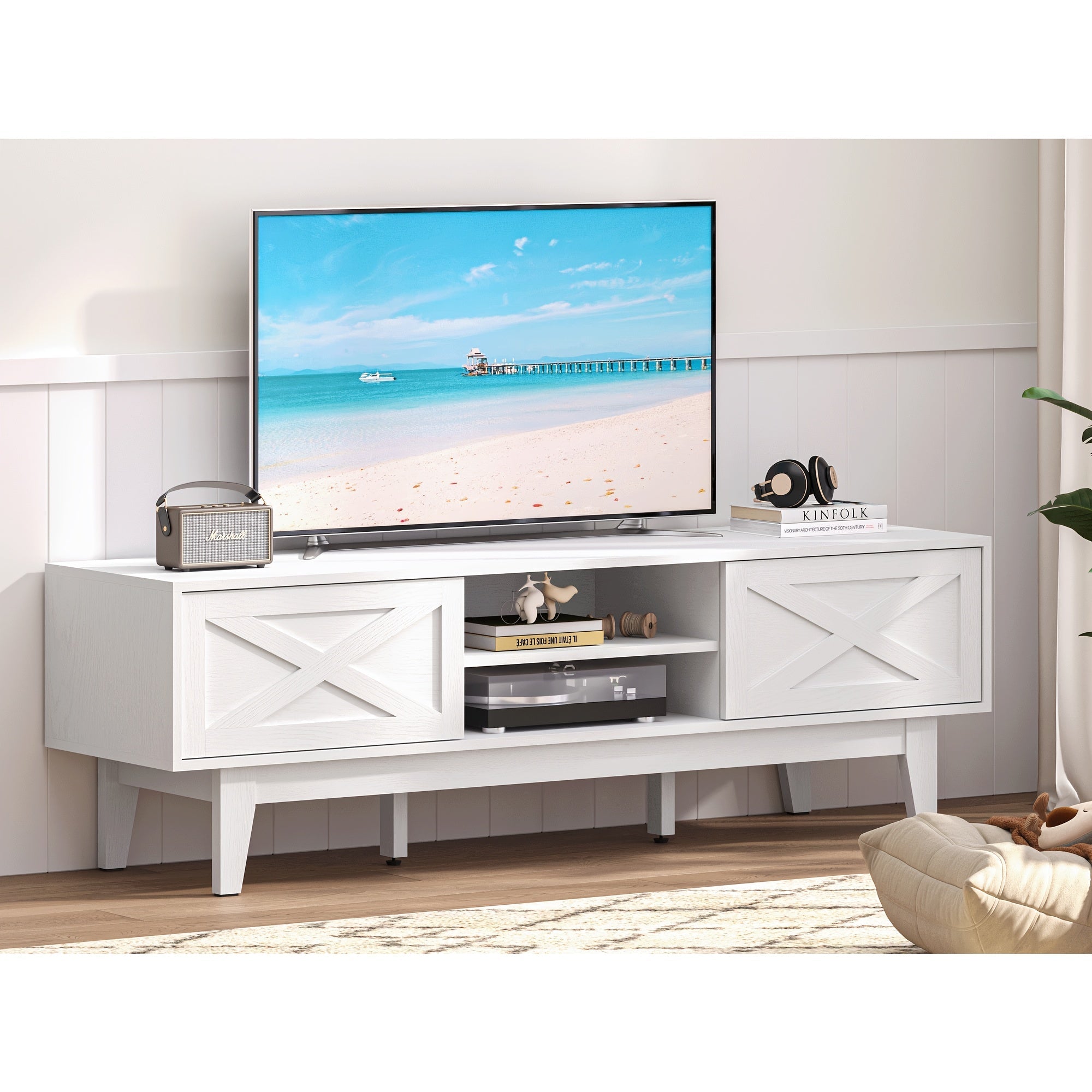 Rattan TV Stand 102-165cm for Living Room, Boho Entertainment Center with 2 Storage Cabinets Television Stands for Bedroom with Sliding Doors Rattan TV Console with Storage