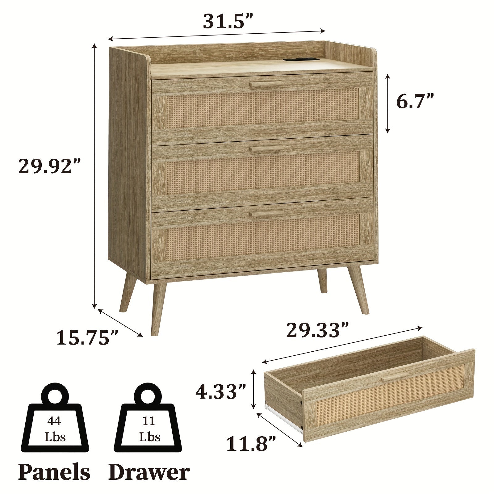 3 Drawer With Power Outlets, Rattan Chest Of Dressers For Bedroom, Wooden Dresser For Bedroom, Living Room, Hallway