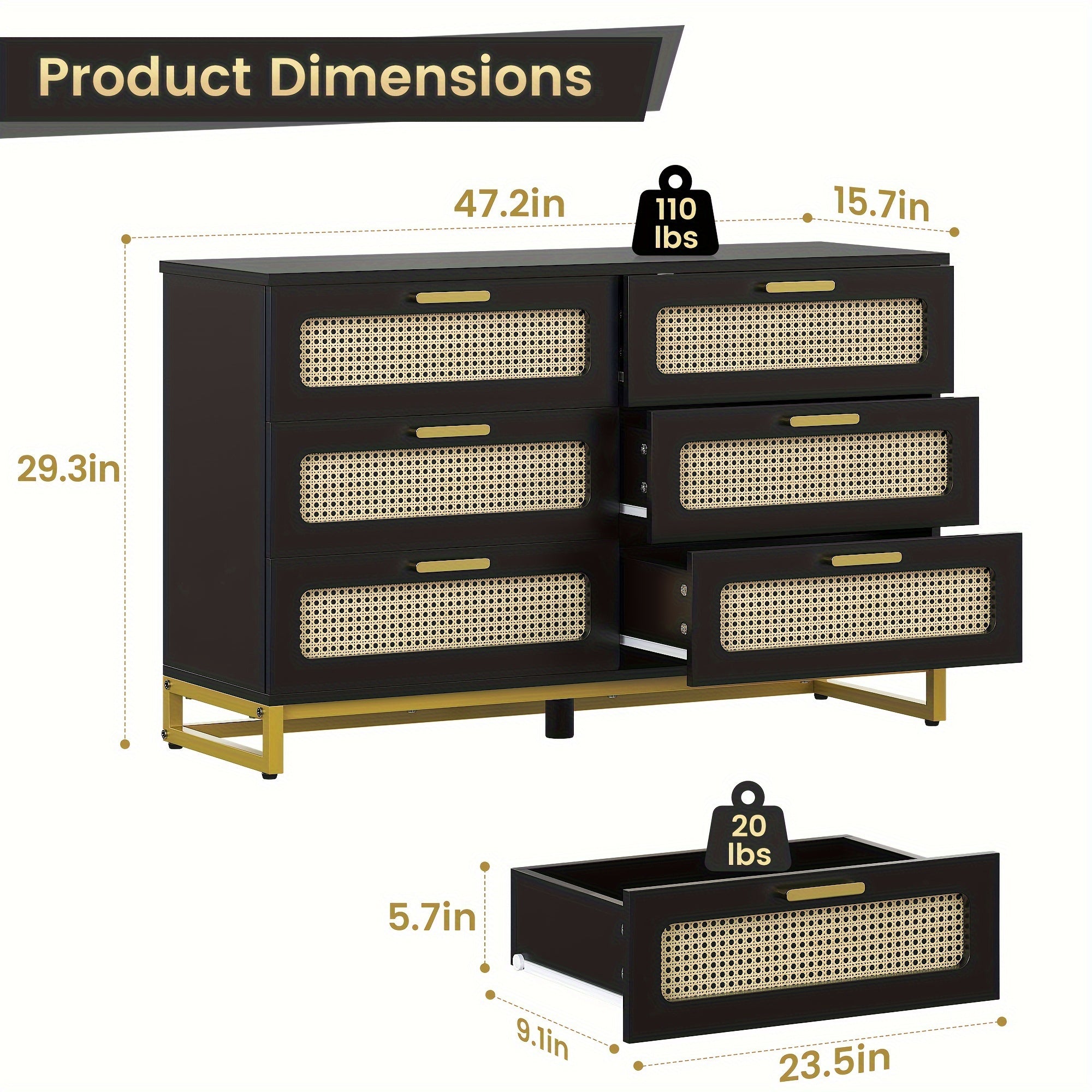 1PCS, 6 Drawer Dresser, Modern Rattan Dresser Chest, Chest Of Drawers For Bedroom, Living Room, Black