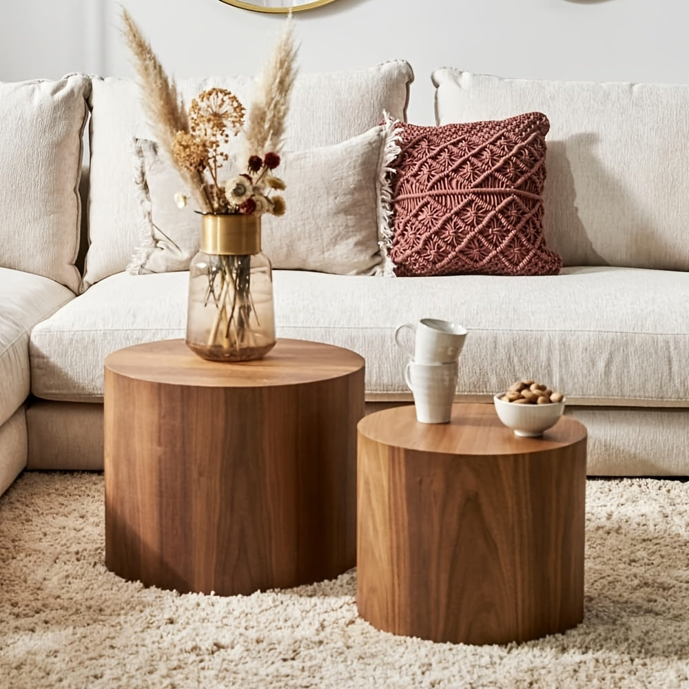 Nesting Coffee Table Set Of 2 Round Side Table End Table For Living Room, Wood Circle Drum Coffee Table Contemporary Living Room End Table For Small Space Living Room (Walnut)