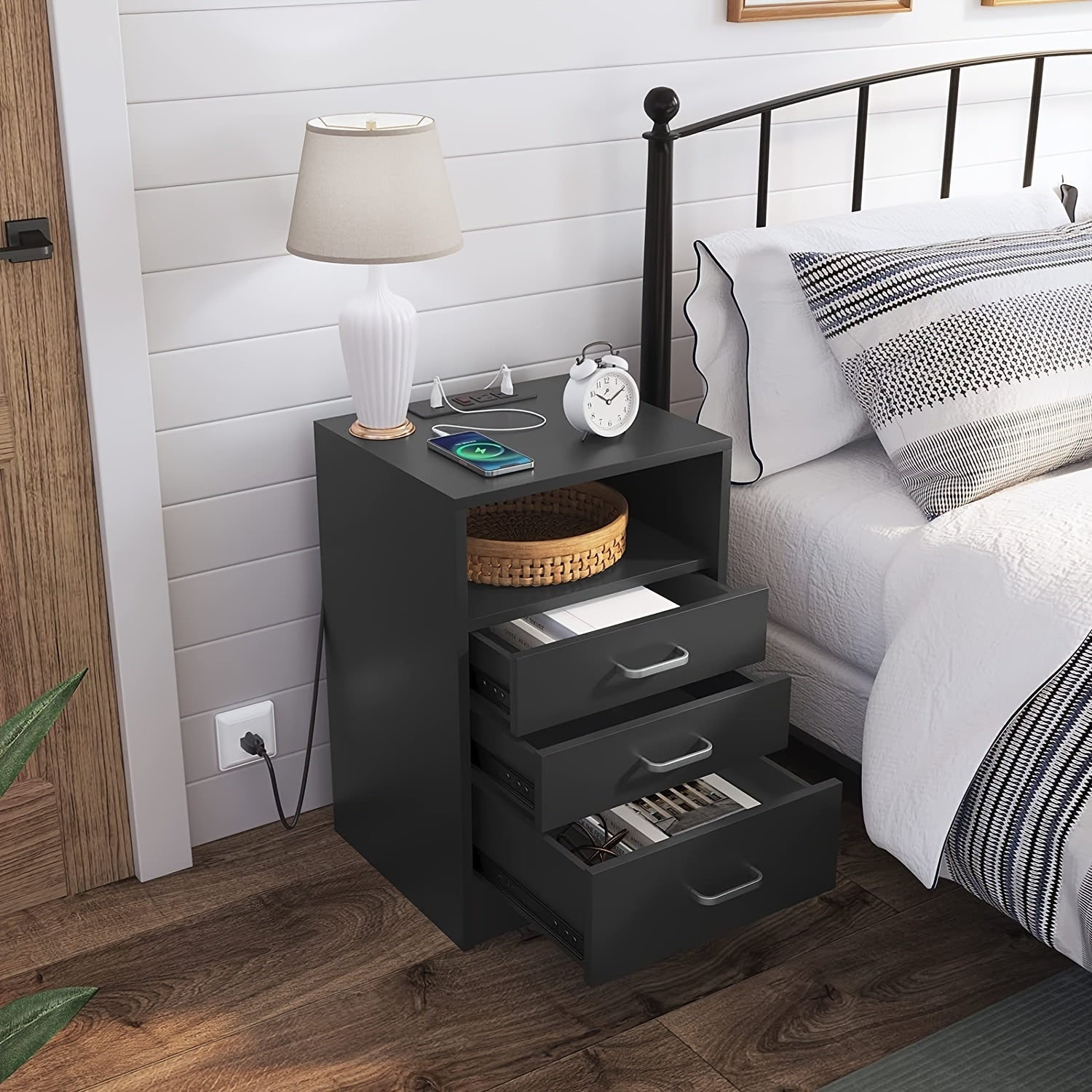 Black Nightstand with 3 Drawers amd Open Storage, Nightstand with USB Port, End Table Side Table Sofa Side Stand Cabinet with Sliding Drawer