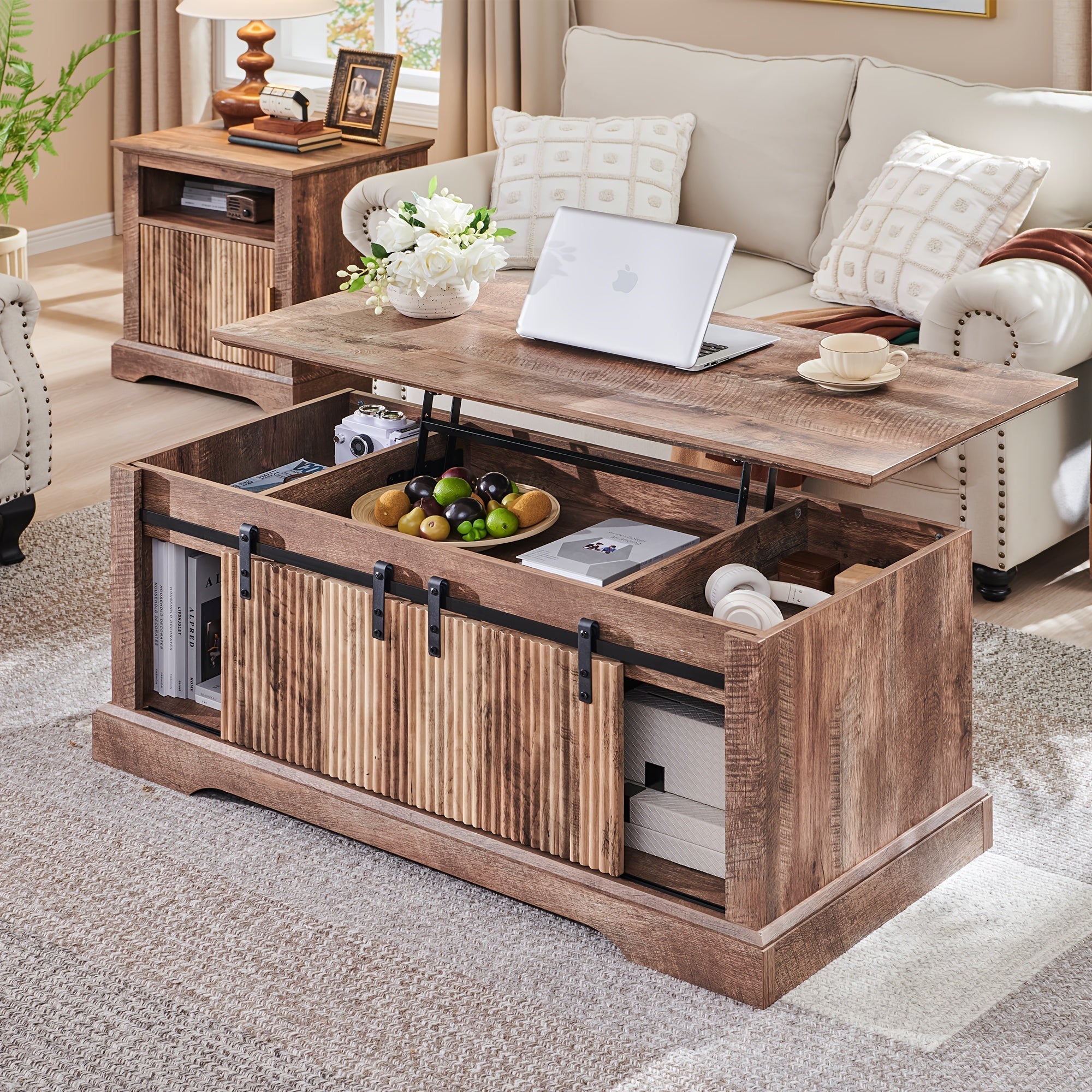 Modern 117cm Fluted Lift Coffee Table with Hidden Storage - Adjustable Height, Sliding Door & Shelf, Convertible Wooden Center Table for Living Room