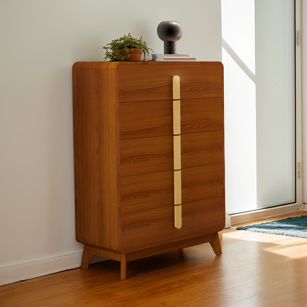 Elegant Mid-Century Modern 5-Drawer Dresser in Cherry Wood with Sleek Metal Handles, Spacious Storage Organizer for Bedroom, Living Room, Hallway - Floor Standing, No Assembly Required, Living Room Organizer|Elegant Wooden Fu