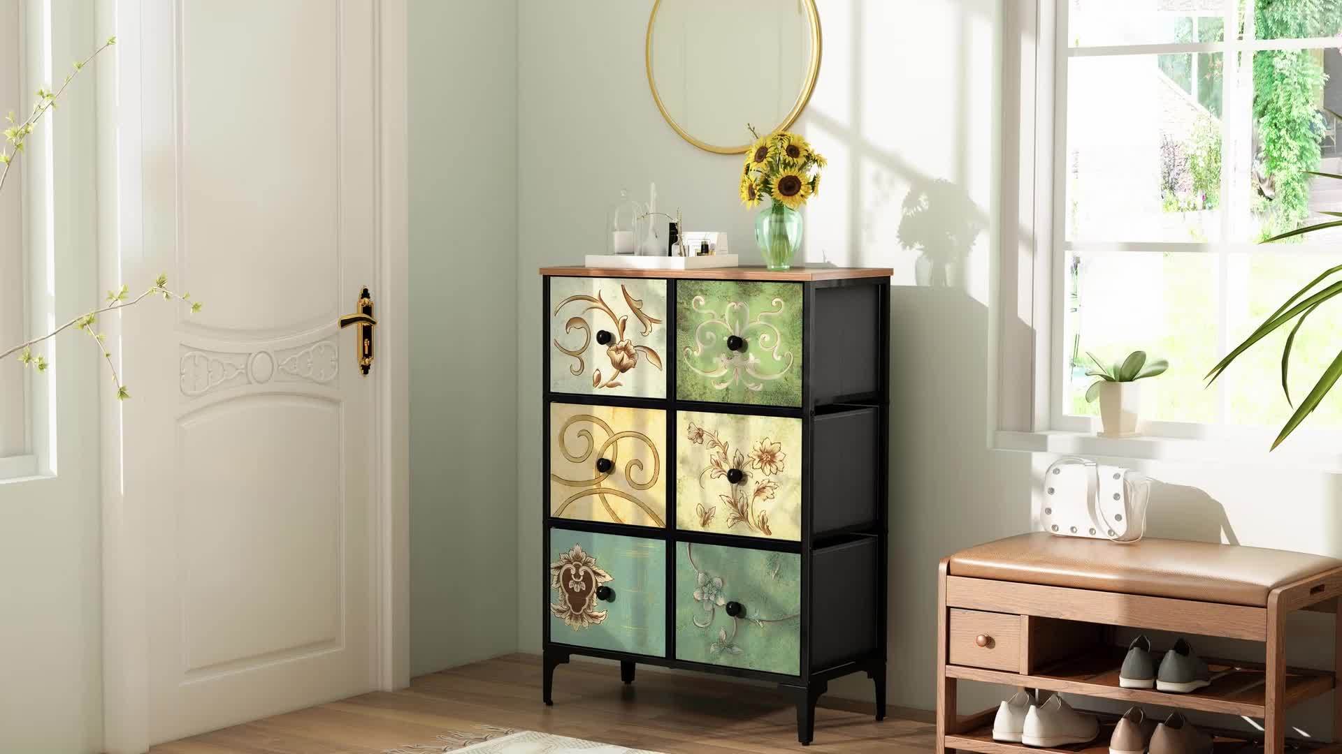 Dresser with 6 Drawers, Tall Storage Dresser for Bedroom, Modern Chest of Drawers for Closet, Living Room, Nursery, Wood Top, Fabric Drawer