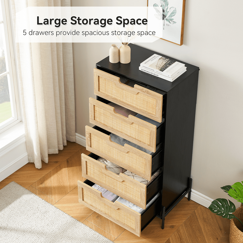 5 Drawers Dresser for Bedroom, Natural Rattan Drawer with Spacious Storage, Wood Chest of Drawers with Metal Legs for Bedroom, Living Room, Hallway, Entryway, Closet