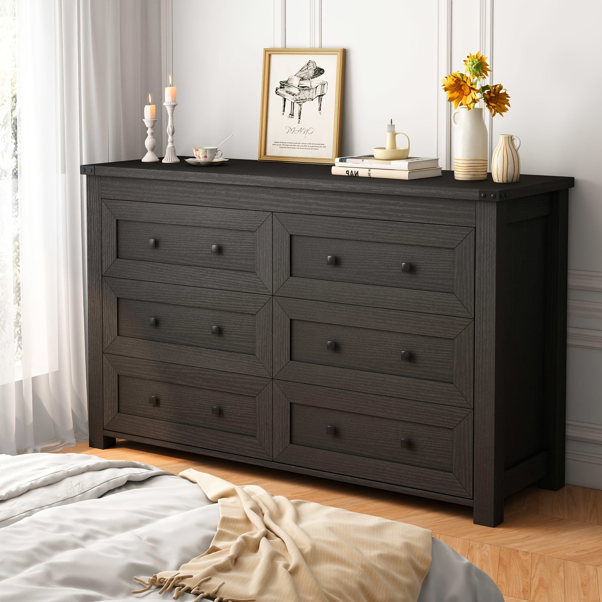 Wooden Dresser for Bedroom with 6 Drawers, Modern Chest Of Drawers, Wide TV Stand with Large Capacity for Closet, Living Room, Hallway