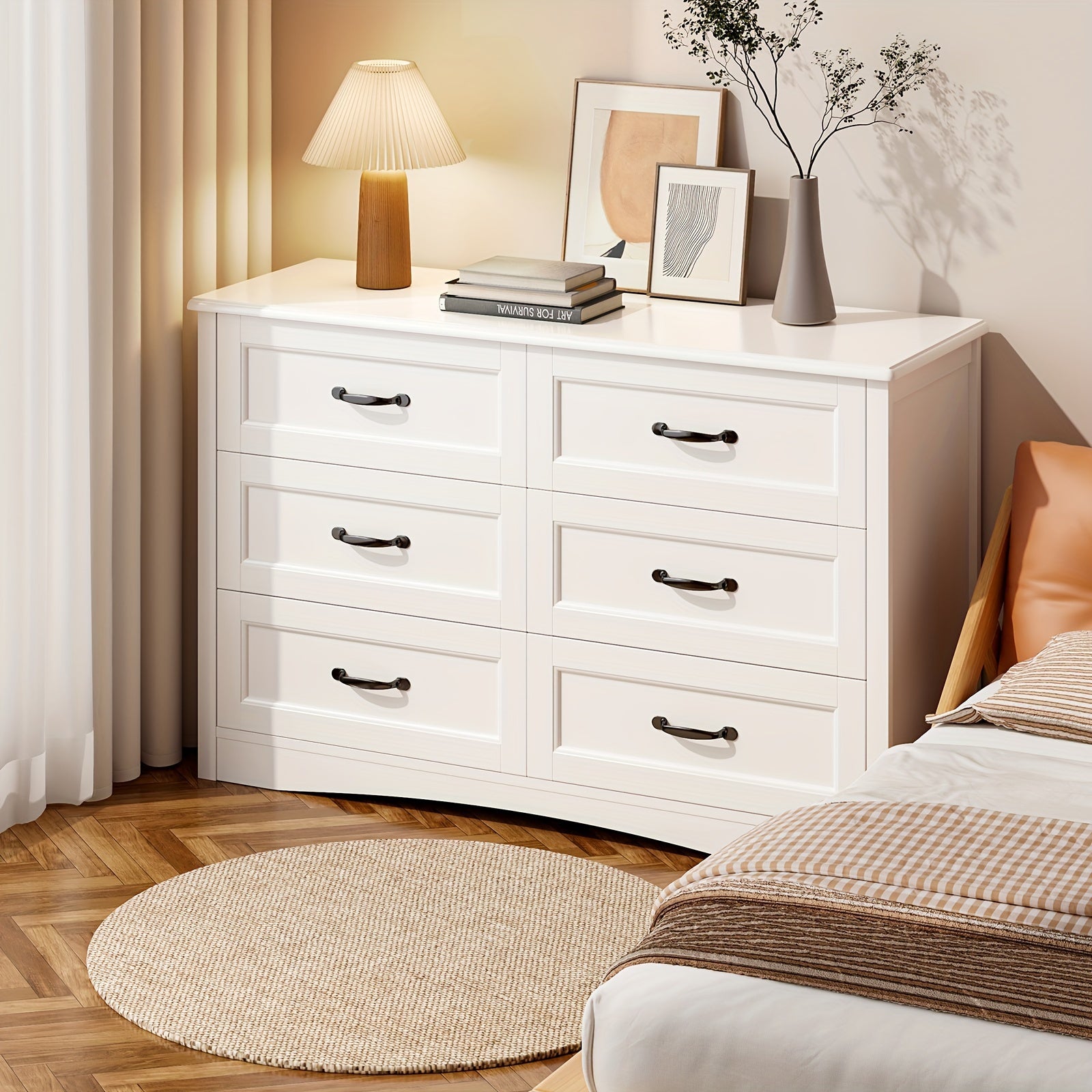 6 Drawer Dresser For Bedroom, White Dressers Chests Of Drawers With Mental Handle, Modern Wood Dresser For Cloakroom, Hallway, Entryway, White Storage Drawer Units