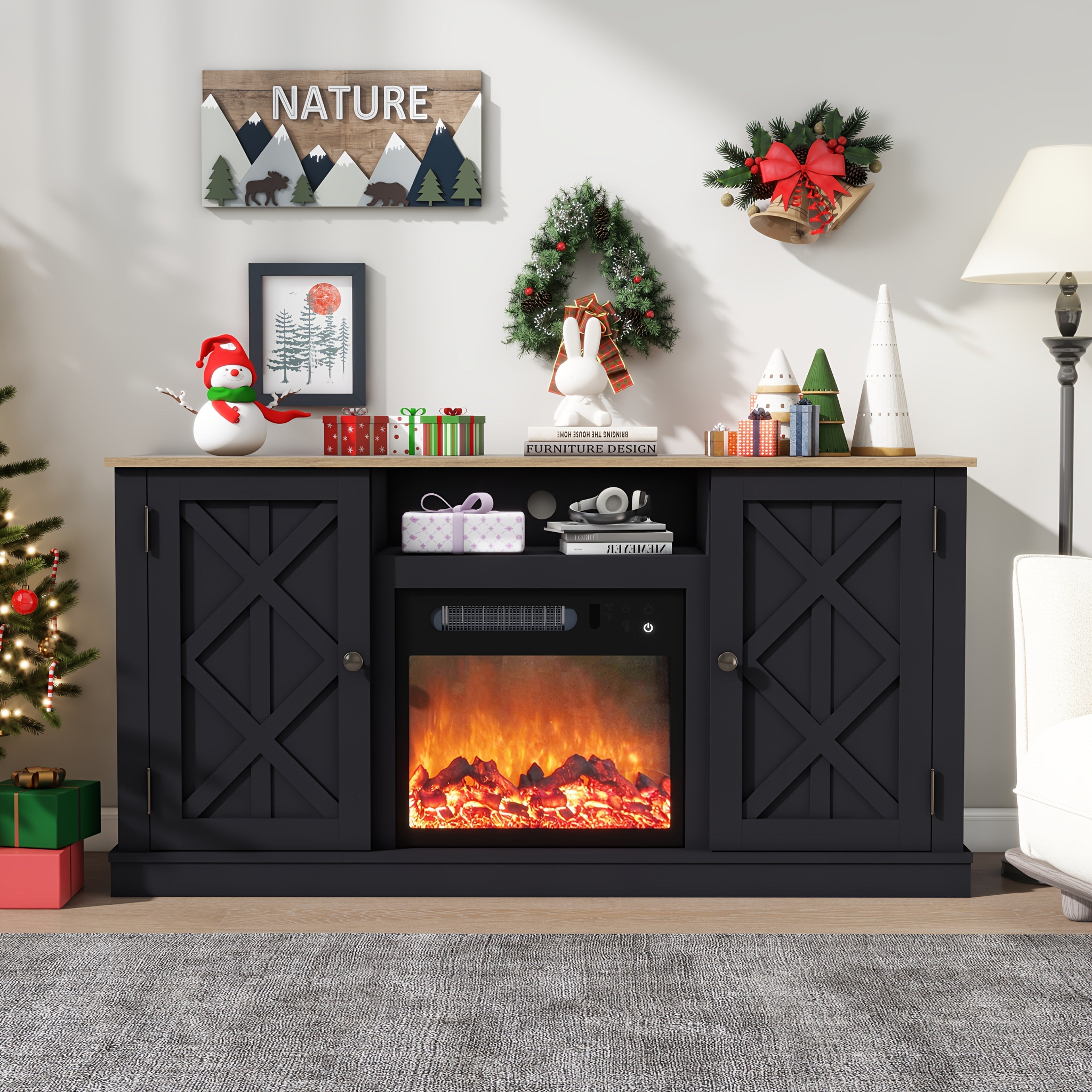 1pc Black Farmhouse 137cm Entertainment Center with Electric Fireplace, TV Stand Console with Mantel, MDF Wood Construction, Barn Door Design, 110V US Plug, Easy Assembly, Storage <3.2 Cubic Feet