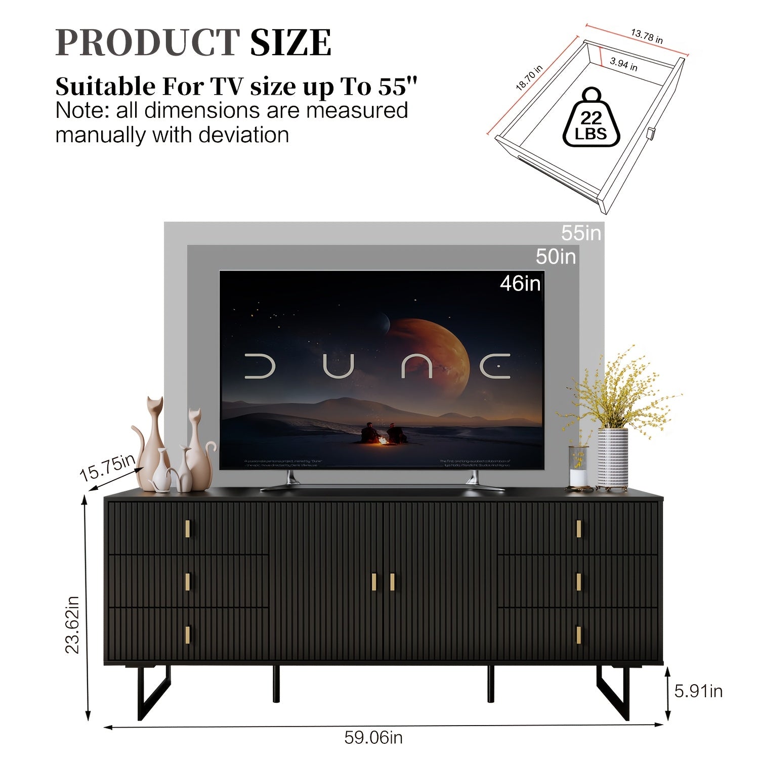 TV Stand For 59+ Inch TV, Modern Living Room Entertainment Center With Storage Cabinets, TV Table, Media Console With Ajustable Shelves & Cable Management, With 6 Large Storage Drawers Black