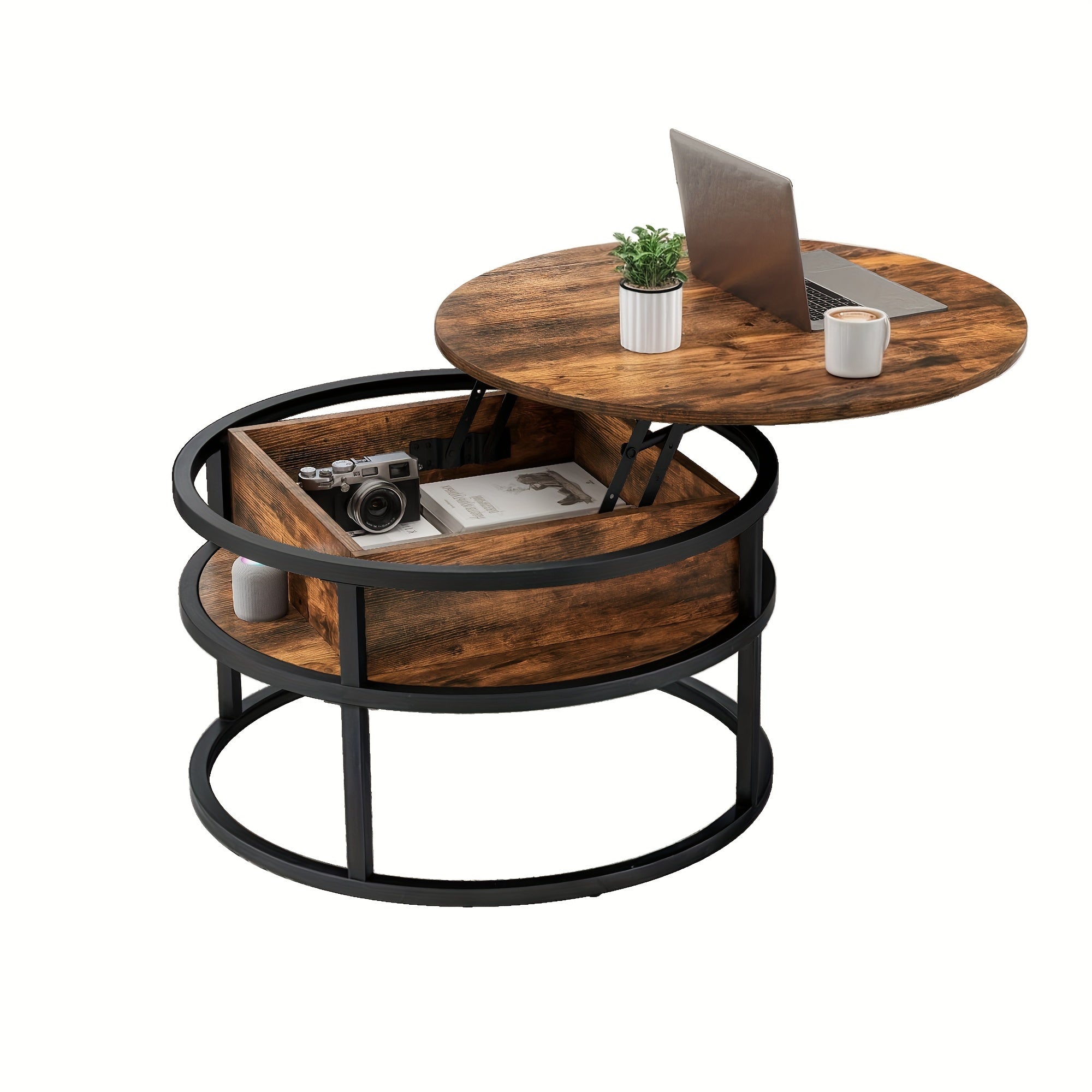 2 Tier Round Lift Top Coffee Table With Hidden Storage Compartment For Living Room Home Office