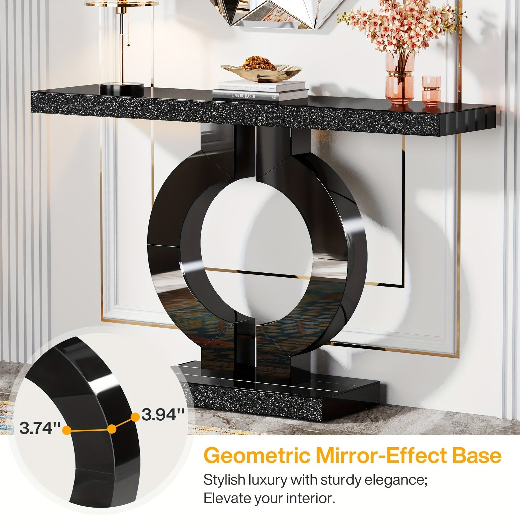 109.22 cm Mirrored Console Table, Modern Glass Sofa Table with Mirror Finish, Entryway Table with O-Shaped Base, Rectangular Accent Foyer Table for Living Room Hallway Entrance (Black & Silvery), Christmas Renewal