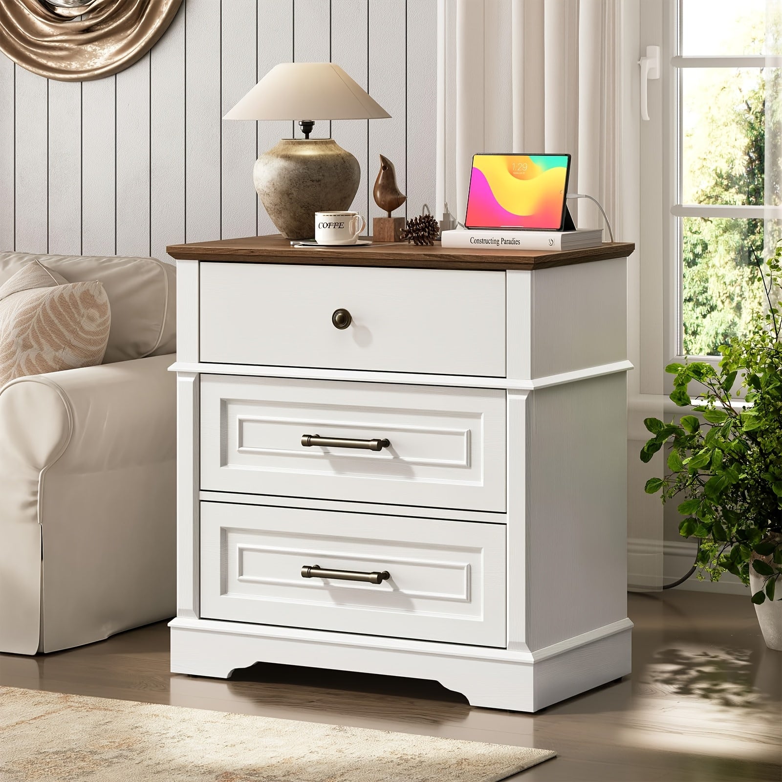 Large Nightstand with Charging Station, 70cm Wide End Table with 3 Drawers, Tall Bedside Table/Side Table, Farmhouse 3 Drawer Dresser for Bedroom, White And Walnut