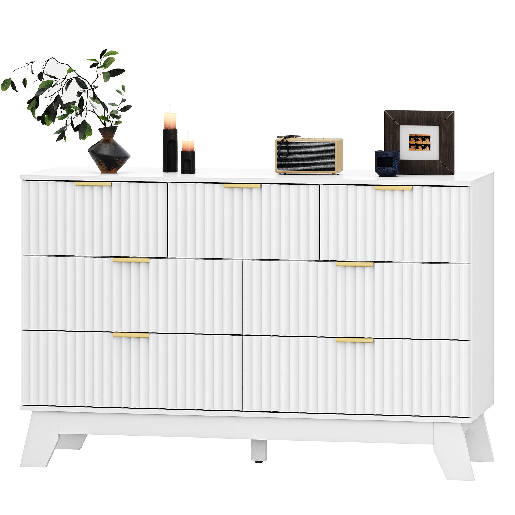 Elegant 7-Drawer White Wood Dresser with Golden Handles - Modern Fluted Design, Medium-Density Fiberboard, Sleek Black Interior for Bedroom & Entryway Storage, Dresser for Bedroom