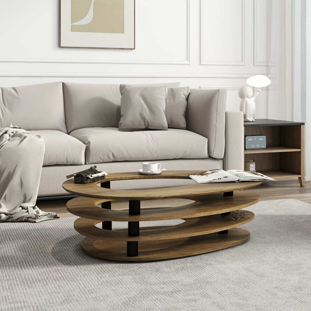 Contemporary Hardwood Coffee Table, Scratch Resistant Wood-Based Panel & Metal Frame, Elegant Multi-Layer Design, Functional Aesthetic Living Room Furniture with No Electricity Required