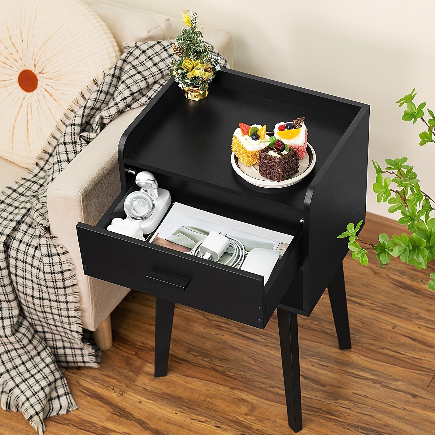 Black Nightstand, Modern Bedside Table With Drawer, Wood End Table For Small Space, Side Table With Storage, Night Stand For Bedroom/Living Room/Dorm 26.38''H