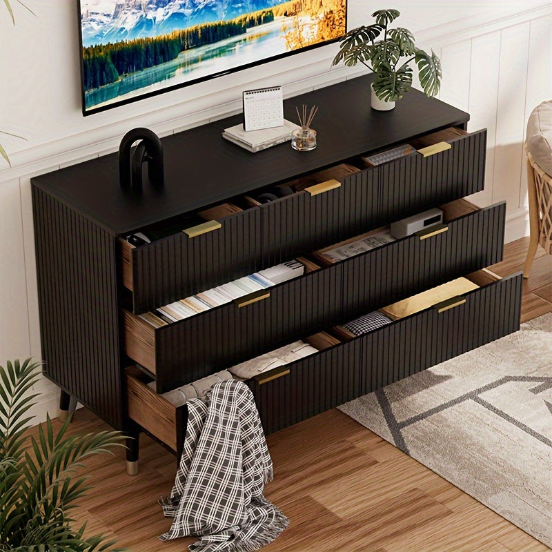 7 Drawer Dresser For Bedroom, Elegant Dressers With Fluted Panel, Storage Dresser With Golden Handles, Modern Closet Of Drawers For Living Room